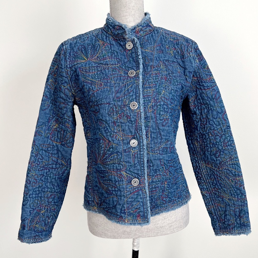 Chicos Quilted Denim Jean Jacket Embroidered Multi Color Stitch Shacket Small